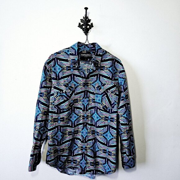 Panhandle Slim Aztec Snap Western Shirt Mens S Blue Multi Color All Over Print - Picture 2 of 5